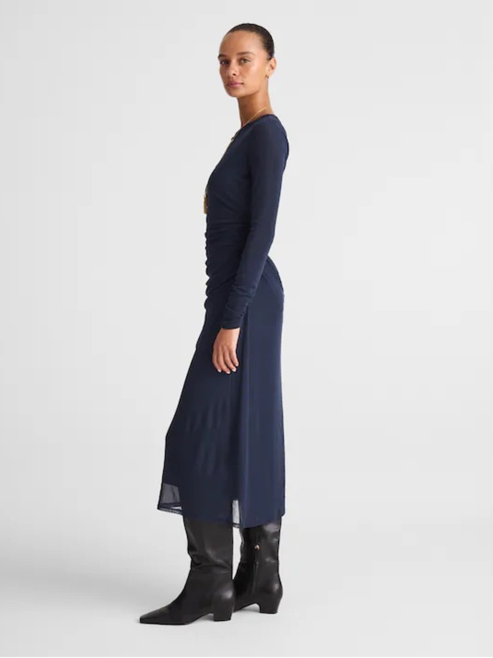 Madewell Navy Blue Long-Sleeve Ruched Midi Dress sheer mesh layers sz medium - Picture 4 of 12